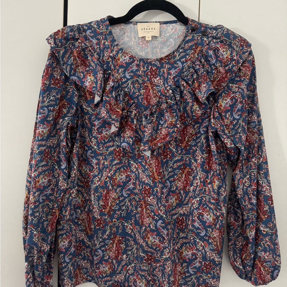 Sezane Blue and Red Ruffled Long Sleeve Blouse